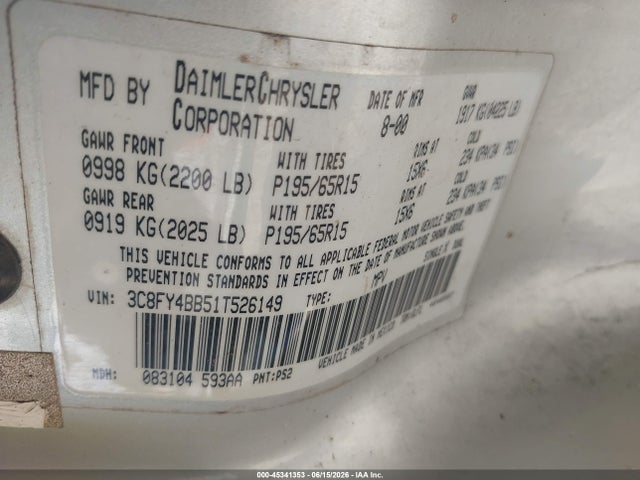 Aukcja sprzedaży 2001 Chrysler Pt Cruiser, vin: 3C8FY4BB51T526149, numer aukcji: 45341353