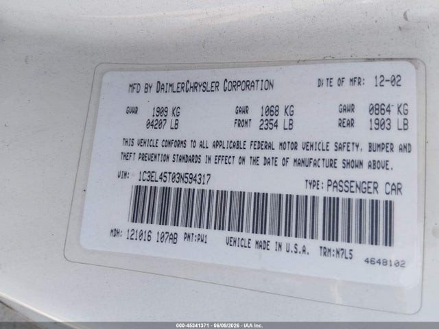 Aukcja sprzedaży 2003 Chrysler Sebring Lx, vin: 1C3EL45T03N594317, numer aukcji: 45341371