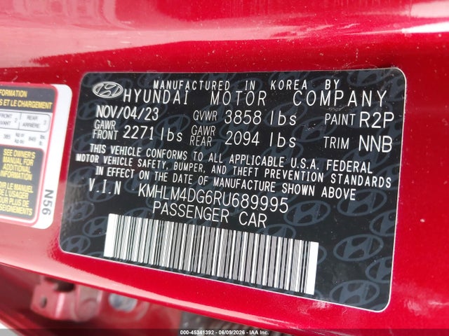 45341392 :رقم المزاد ، KMHLM4DG6RU689995 vin ، 2024 Hyundai Elantra Sel مزاد بيع