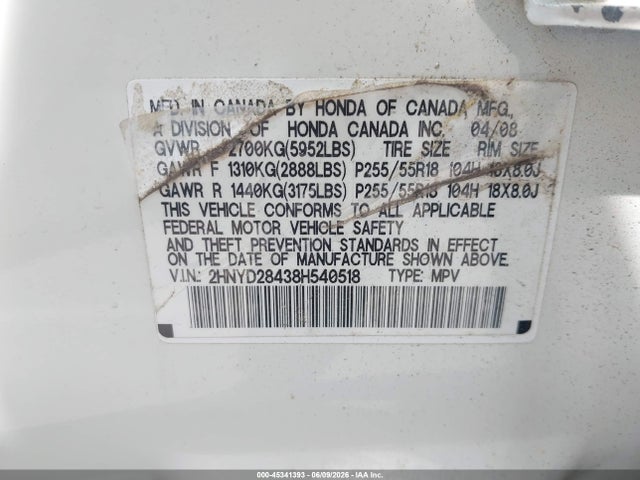 Aukcja sprzedaży 2008 Acura Mdx Technology Package, vin: 2HNYD28438H540518, numer aukcji: 45341393