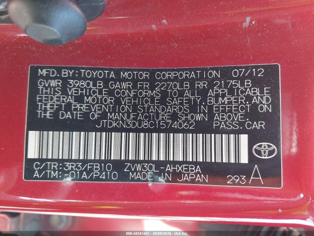 45341401 :رقم المزاد ، JTDKN3DU8C1574062 vin ، 2012 Toyota Prius Three مزاد بيع