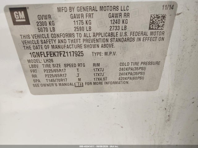 Aukcja sprzedaży 2015 Chevrolet Equinox 1lt, vin: 1GNFLFEK7FZ117925, numer aukcji: 45341411