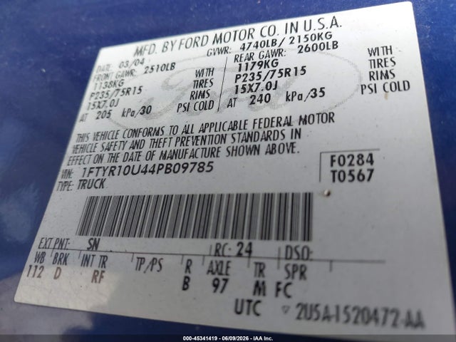 Продажа на аукционе авто 2004 Ford Ranger Edge/xl/xlt, vin: 1FTYR10U44PB09785, номер лота: 45341419