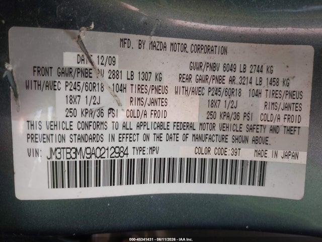 Aukcja sprzedaży 2010 Mazda Cx-9 Touring, vin: JM3TB3MV9A0212984, numer aukcji: 45341431