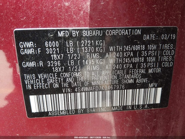 45341441 :رقم المزاد ، 4S4WMAFD7K3467976 vin ، 2019 Subaru Ascent Premium مزاد بيع