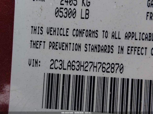 45341446 :رقم المزاد ، 2C3LA63H27H762870 vin ، 2007 Chrysler 300c مزاد بيع