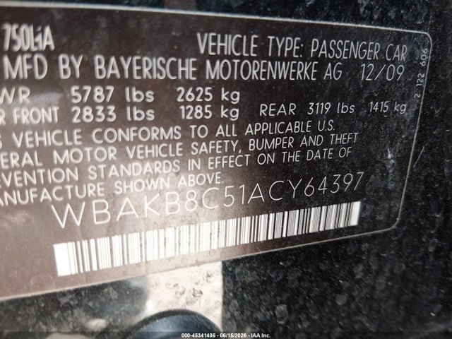 Продаж на аукціоні авто 2010 Bmw 750li, vin: WBAKB8C51ACY64397, номер лоту: 45341486