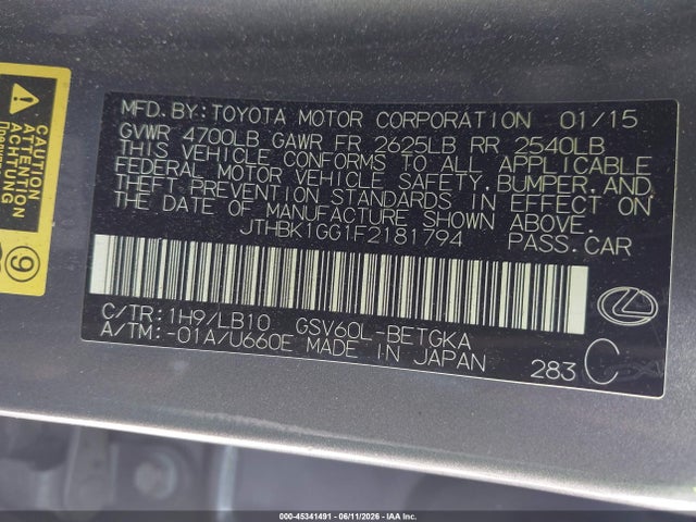 45341491 :رقم المزاد ، JTHBK1GG1F2181794 vin ، 2015 Lexus Es 350 مزاد بيع