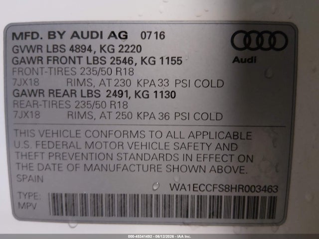 2017 Audi Q3 2.0t Premium მანქანა იყიდება აუქციონზე, vin: WA1ECCFS8HR003463, აუქციონის ნომერი: 45341492
