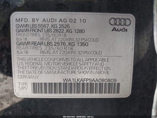 Auction sale of the 2010 Audi Q5 3.2 Premium, vin: WA1LKAFP9AA080809, lot number: 45341504