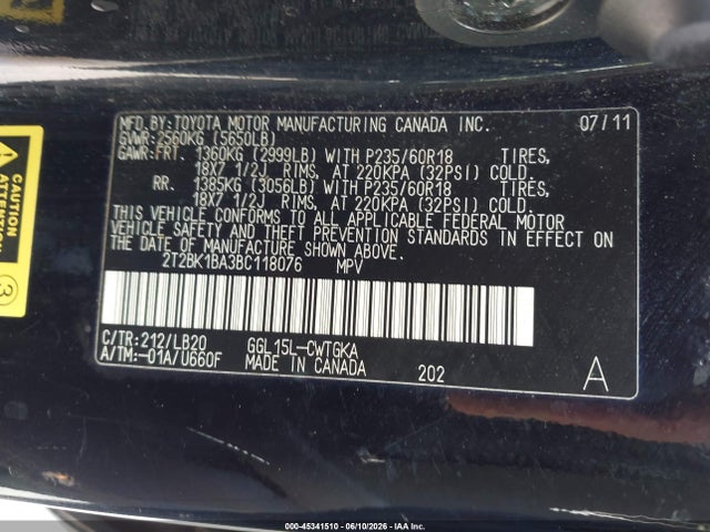 Aukcja sprzedaży 2011 Lexus Rx 350, vin: 2T2BK1BA3BC118076, numer aukcji: 45341510