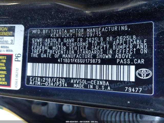 45341541 :رقم المزاد ، 4T1BD1FK6GU179879 vin ، 2016 Toyota Camry Hybrid Le مزاد بيع