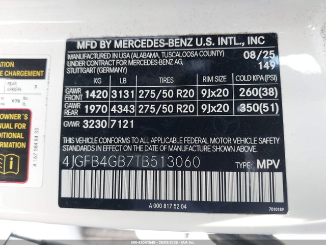 Aukcja sprzedaży 2026 Mercedes-benz Gle 450e 4matic, vin: 4JGFB4GB7TB513060, numer aukcji: 45341548