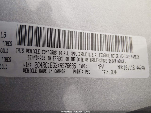 Aukcja sprzedaży 2019 Chrysler Pacifica Touring L Plus, vin: 2C4RC1EG3KR576085, numer aukcji: 45341566