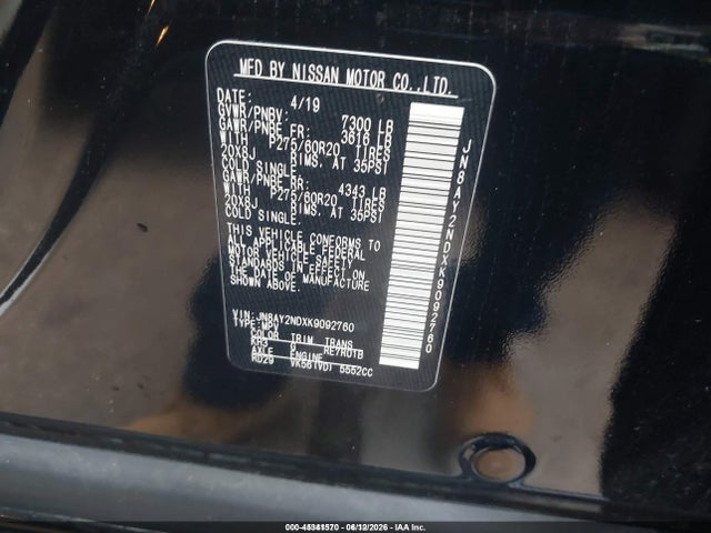 JN8AY2NDXK9092760 Nissan Armada Sl