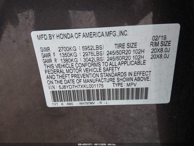 Продажа на аукционе авто 2019 Acura Mdx Sport Hybrid Advance Package, vin: 5J8YD7H7XKL001175, номер лота: 45341571