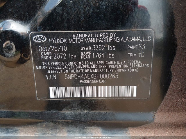 Продажа на аукционе авто 2011 Hyundai Elantra Gls, vin: 5NPDH4AEXBH000265, номер лота: 45341574