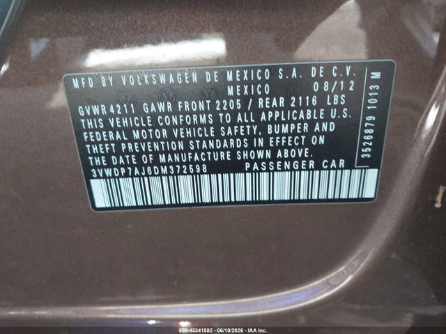 Aukcja sprzedaży 2013 Volkswagen Jetta 2.5l Se, vin: 3VWDP7AJ6DM372598, numer aukcji: 45341592