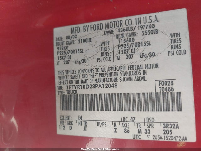 Продажа на аукционе авто 2003 Ford Ranger Xl/xlt, vin: 1FTYR10D23PA12048, номер лота: 45341604