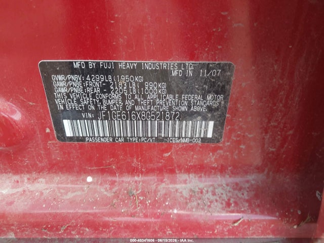 Продажа на аукционе авто 2008 Subaru Impreza  (natl) I, vin: JF1GE616X8G521872, номер лота: 45341606