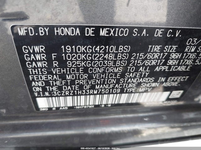 3CZRZ1H33RM750109 Honda Hr-v 2wd Lx