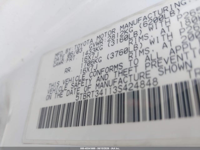 Aukcja sprzedaży 2003 Toyota Tundra Sr5 V8, vin: 5TBRT34113S424848, numer aukcji: 45341669