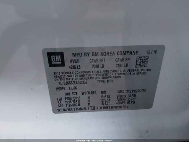 KL7CJKSB0LB045238 Chevrolet Trax Fwd Ls