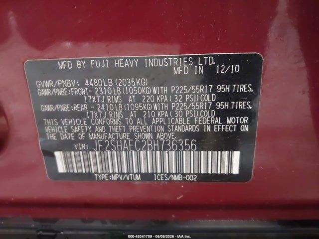 Aukcja sprzedaży 2011 Subaru Forester 2.5x Limited, vin: JF2SHAEC2BH736356, numer aukcji: 45341709