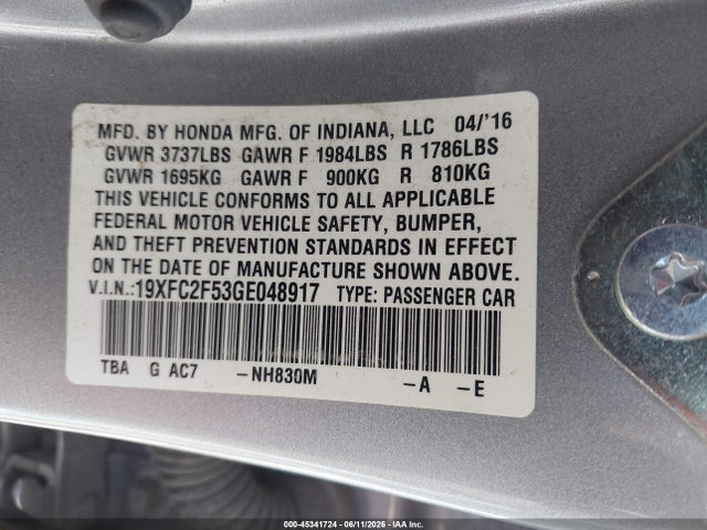2016 Honda Civic Lx მანქანა იყიდება აუქციონზე, vin: 19XFC2F53GE048917, აუქციონის ნომერი: 45341724