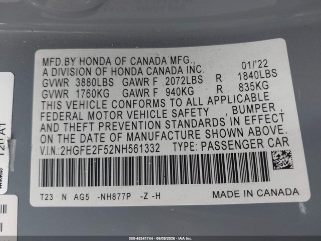 Honda Civic Sport 2022 2HGFE2F52NH561332 Image 9