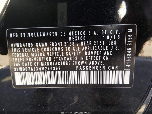 45341765 :رقم المزاد ، 3VWDB7AJ3HM256392 vin ، 2017 Volkswagen Jetta 1.4t Se مزاد بيع