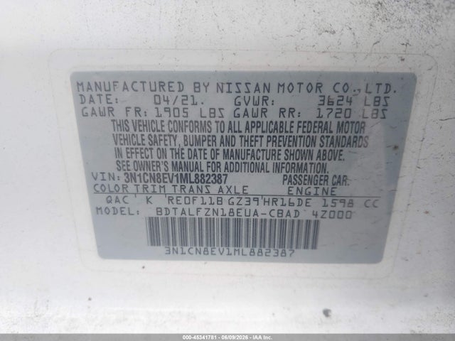 45341781 :رقم المزاد ، 3N1CN8EV1ML882387 vin ، 2021 Nissan Versa Sv Xtronic Cvt مزاد بيع