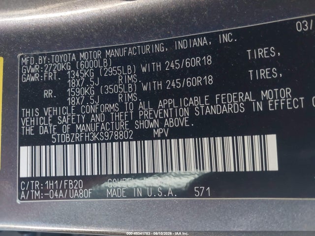 Toyota Highlander Le 2019 5TDBZRFH3KS978802 Image 9