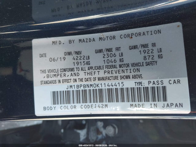 Auction sale of the 2019 Mazda Mazda3 Premium Package, vin: JM1BPBNM0K1144415, lot number: 45341813