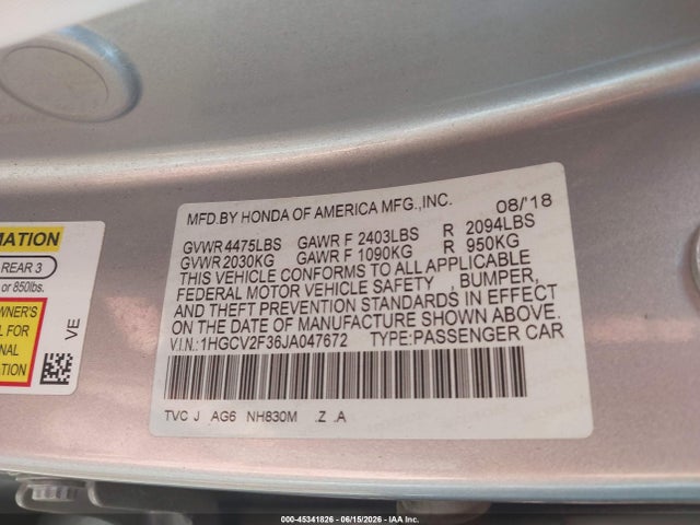 1HGCV2F36JA047672 Honda Accord Sport 2.0t