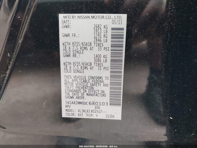 2013 Nissan Pathfinder S მანქანა იყიდება აუქციონზე, vin: 5N1AR2MM6DC680103, აუქციონის ნომერი: 45341859