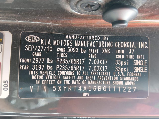 45341893 :رقم المزاد ، 5XYKT4A16BG111227 vin ، 2011 Kia Sorento Lx مزاد بيع