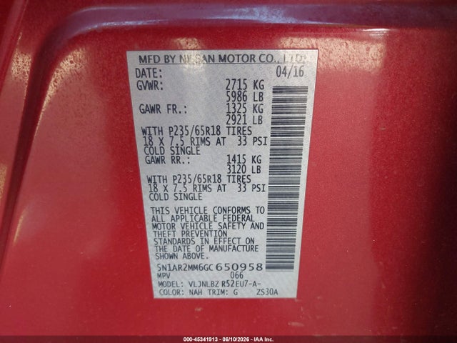 5N1AR2MM6GC650958 Nissan Pathfinder Platinum/s/sl/sv