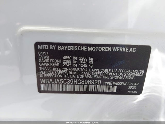BMW 530I 2017 WBAJA5C39HG896920 Image 9
