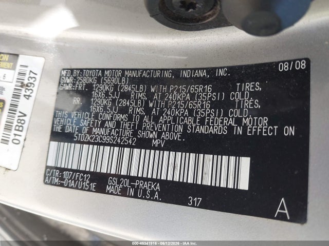 Продаж на аукціоні авто 2009 Toyota Sienna Le, vin: 5TDZK23C99S242542, номер лоту: 45341916