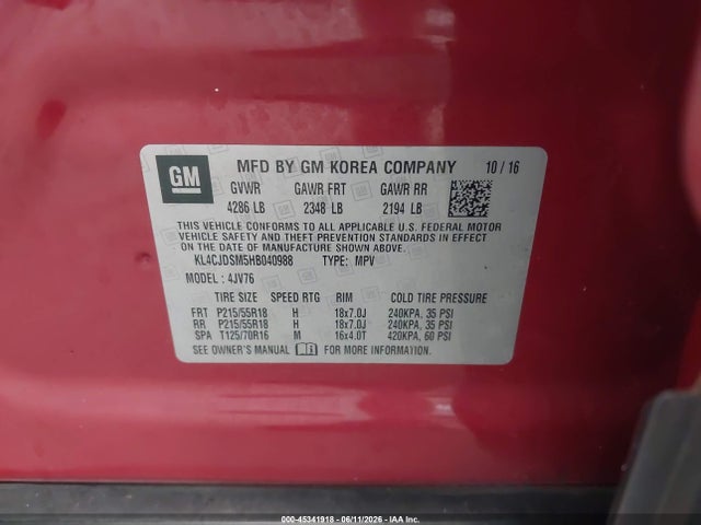 2017 Buick Encore Premium მანქანა იყიდება აუქციონზე, vin: KL4CJDSM5HB040988, აუქციონის ნომერი: 45341918