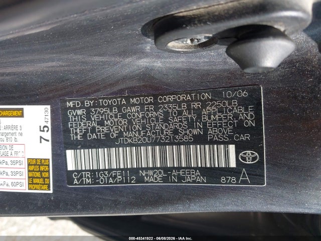 Aukcja sprzedaży 2007 Toyota Prius, vin: JTDKB20U773213585, numer aukcji: 45341922
