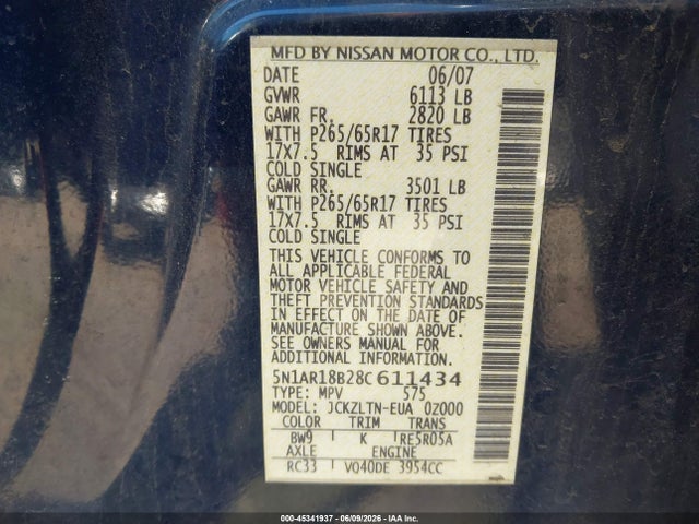 Aukcja sprzedaży 2008 Nissan Pathfinder Se, vin: 5N1AR18B28C611434, numer aukcji: 45341937