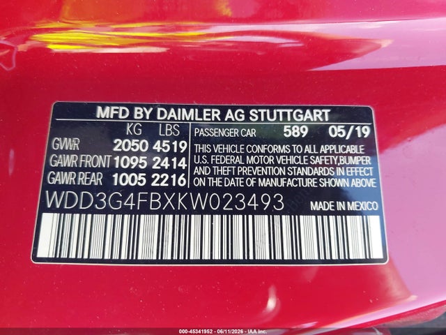 45341952 :رقم المزاد ، WDD3G4FBXKW023493 vin ، 2019 Mercedes-benz A 220 4matic مزاد بيع