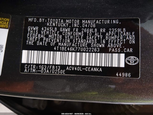 Aukcja sprzedaży 2007 Toyota Camry Le, vin: 4T1BE46K77U022263, numer aukcji: 45341957