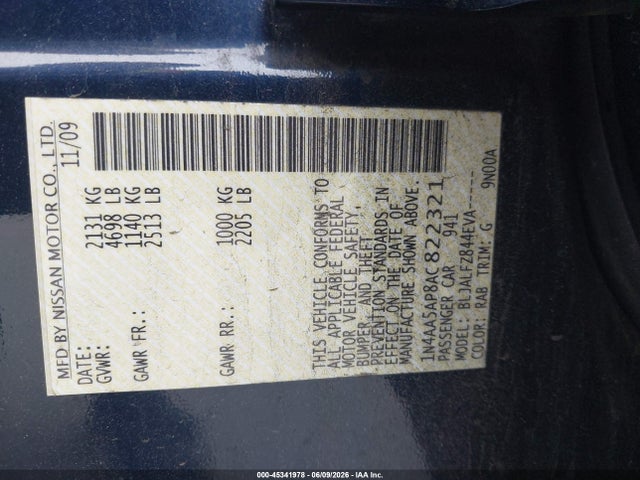 45341978 :رقم المزاد ، 1N4AA5AP8AC822321 vin ، 2010 Nissan Maxima 3.5 Sv مزاد بيع