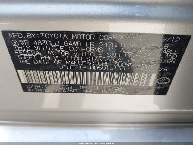 Aukcja sprzedaży 2013 Lexus Gs 350, vin: JTHBE1BL0D5016133, numer aukcji: 45341981