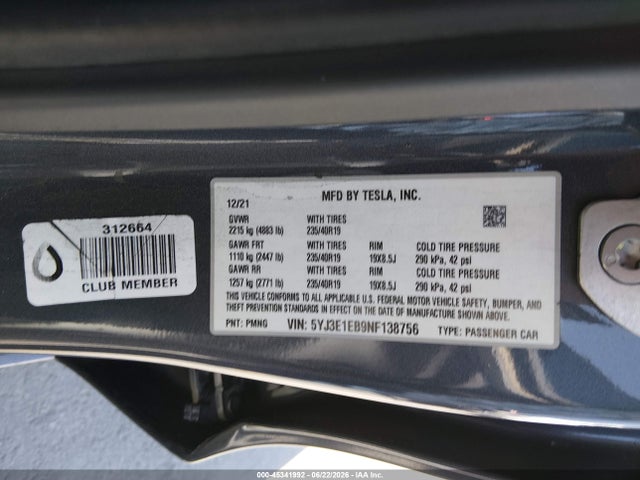 5YJ3E1EB9NF138756 Tesla Model 3 Long Range Dual Motor All-wheel Drive
