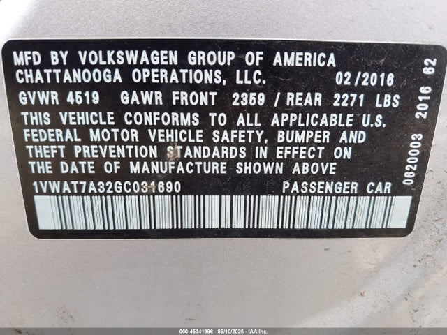 Продаж на аукціоні авто 2016 Volkswagen Passat 1.8t S, vin: 1VWAT7A32GC031690, номер лоту: 45341996