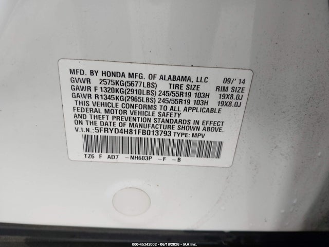 45342002 :رقم المزاد ، 5FRYD4H81FB013793 vin ، 2015 Acura Mdx Advance Pkg W/entertainment Pkg مزاد بيع